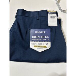Haggar Mens Iron-Free Premium Khaki Classic Fit Pleated Pants 36W X 29L Navy NWT